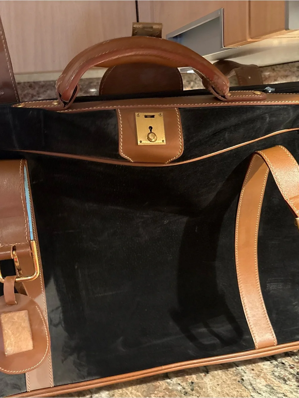 Gucci Black Suede and Brown Leather Duffel Bag Vintage Preowned